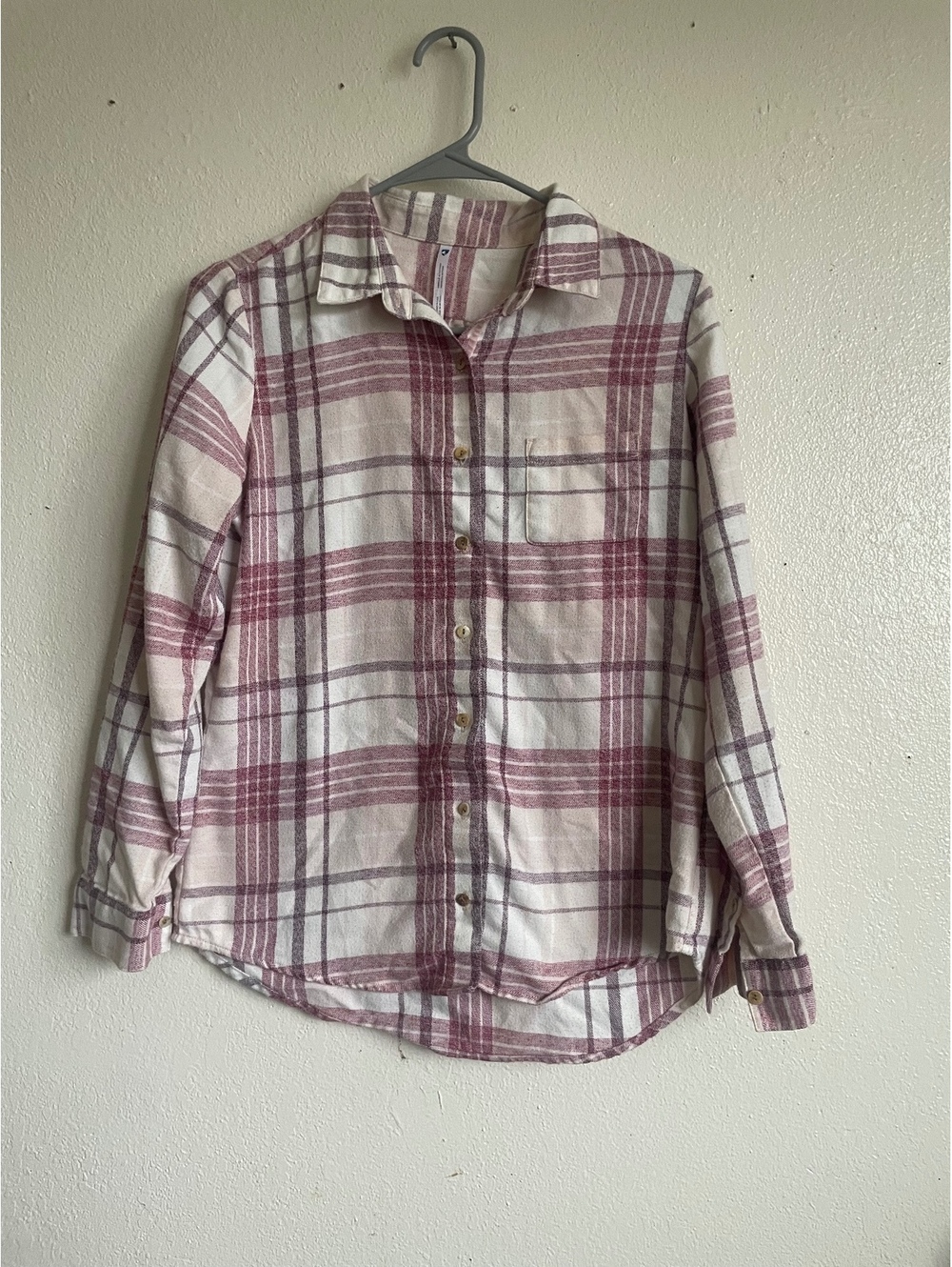 Kuhl raspberry plaid tartan button up pink layering warm flannel shirt xs